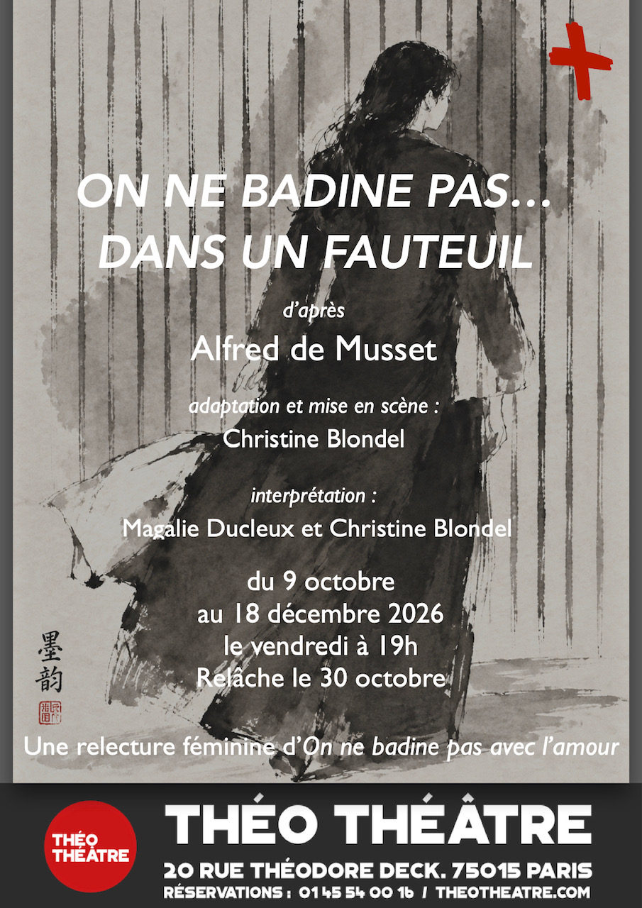 Affiche d’On ne badine pas… dans un fauteuil : silhouette à l’encre d’une jeune femme en robe noire, de dos